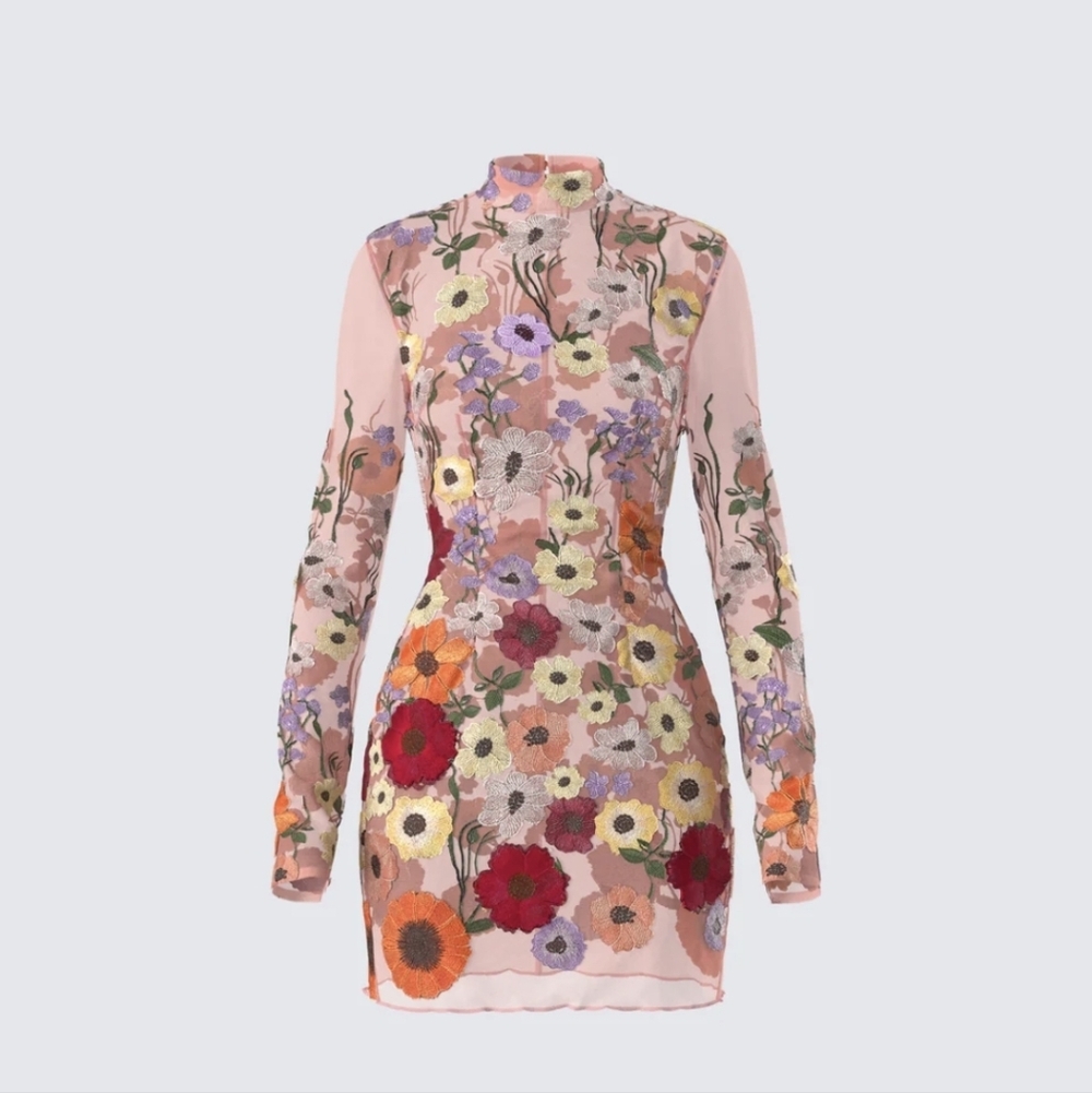 Finesse Mini Dress 3DFloral Sheer Mesh No Liner Embroidery Long Sleeve M NWOT
